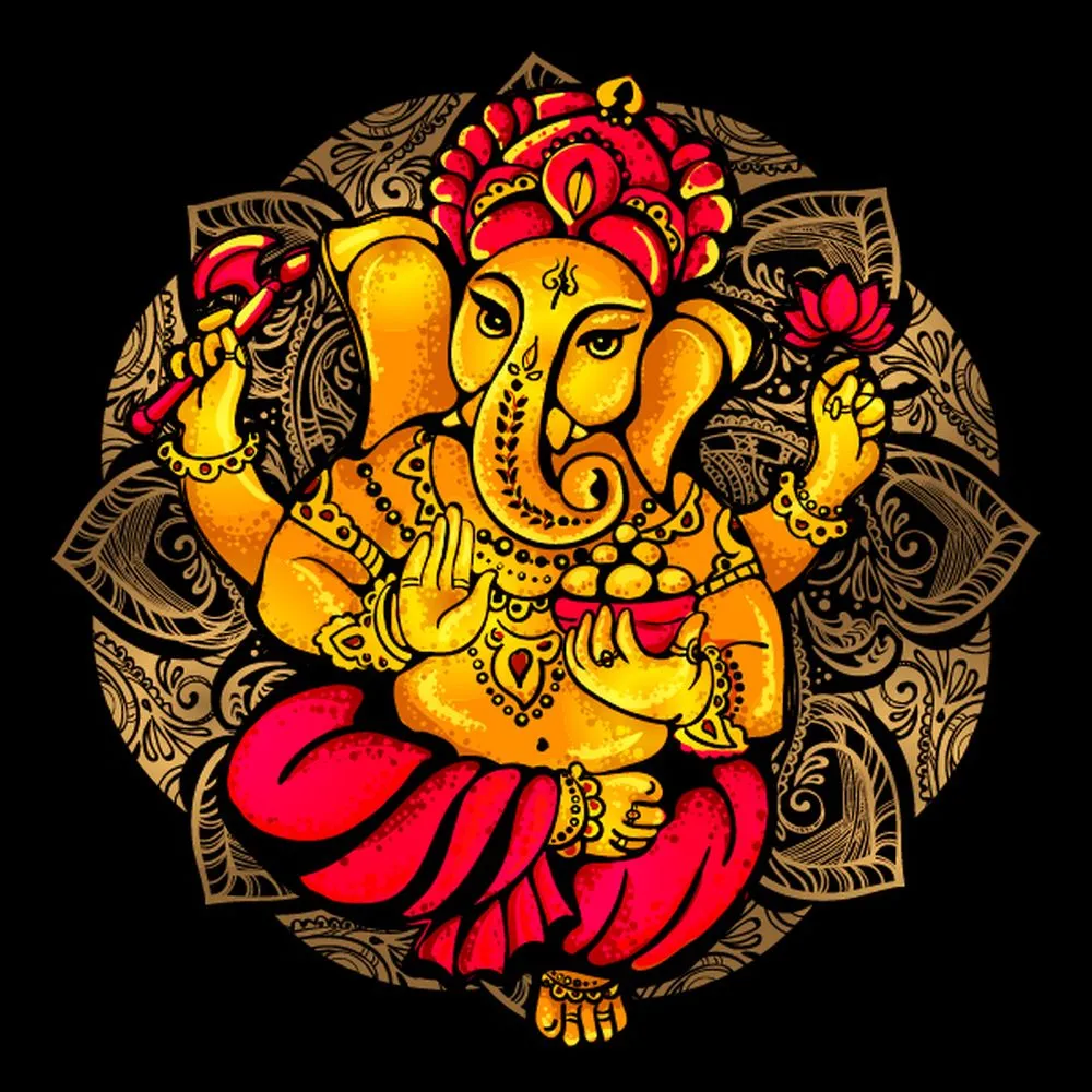 A saffron, four-armed Ganesha in a red dhoti, seated over an intricate gold mandala on black