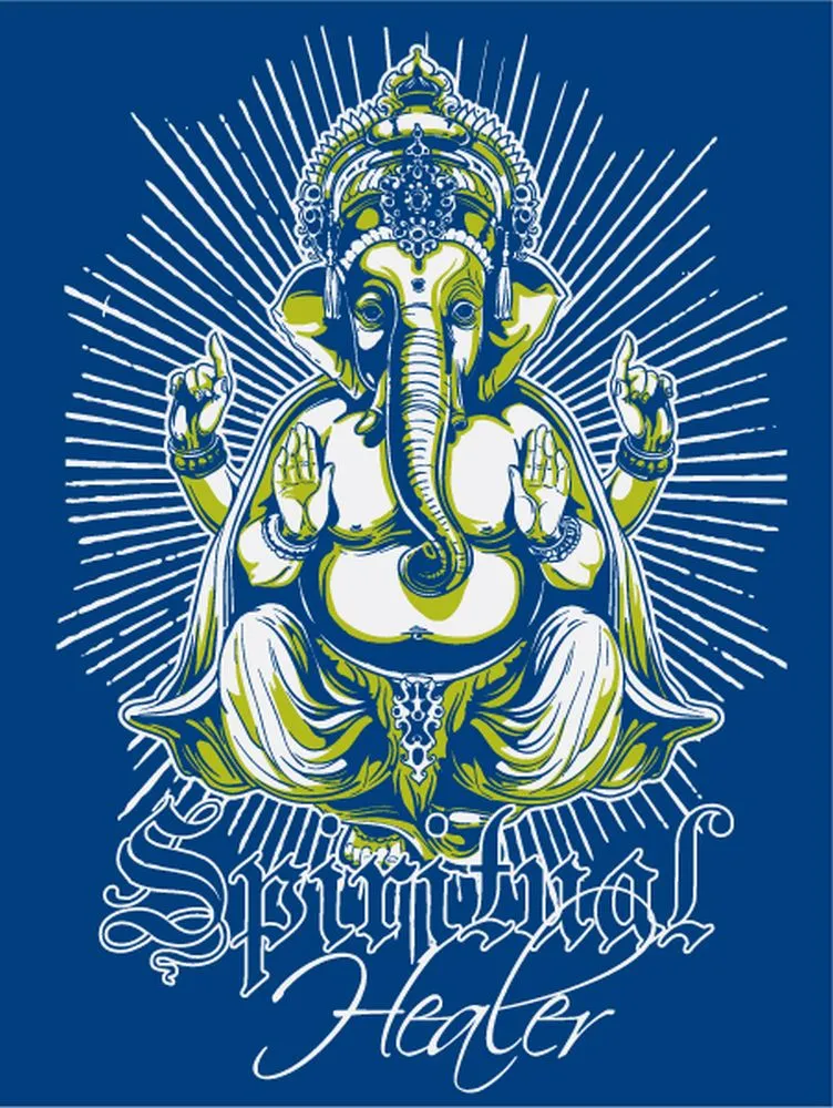 An engraving-style Ganesha in olive and white line work with radiating rays, on deep blue