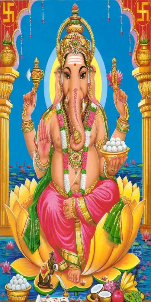 Ganesha seated on a golden lotus within a pillared temple gateway, against a turquoise sky