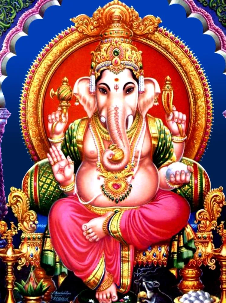 A regal seated Ganesha within a crimson and gold halo arch, edged with ornate blue and pink borders