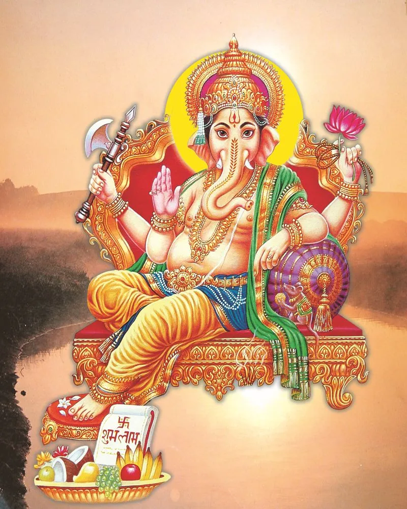 A four-armed Ganesha on an ornate golden throne, set before a misty sunrise over a winding river