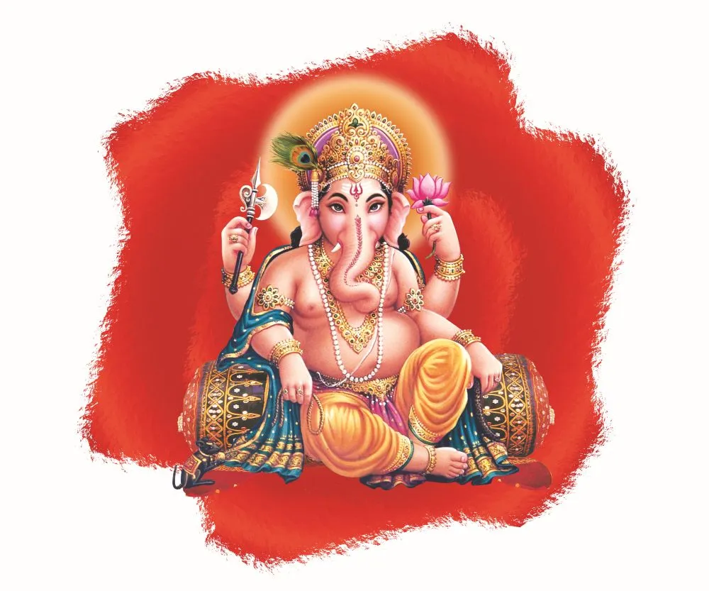 A stylised Ganesha seated on a ceremonial drum, set on a bold patch of red brushwork