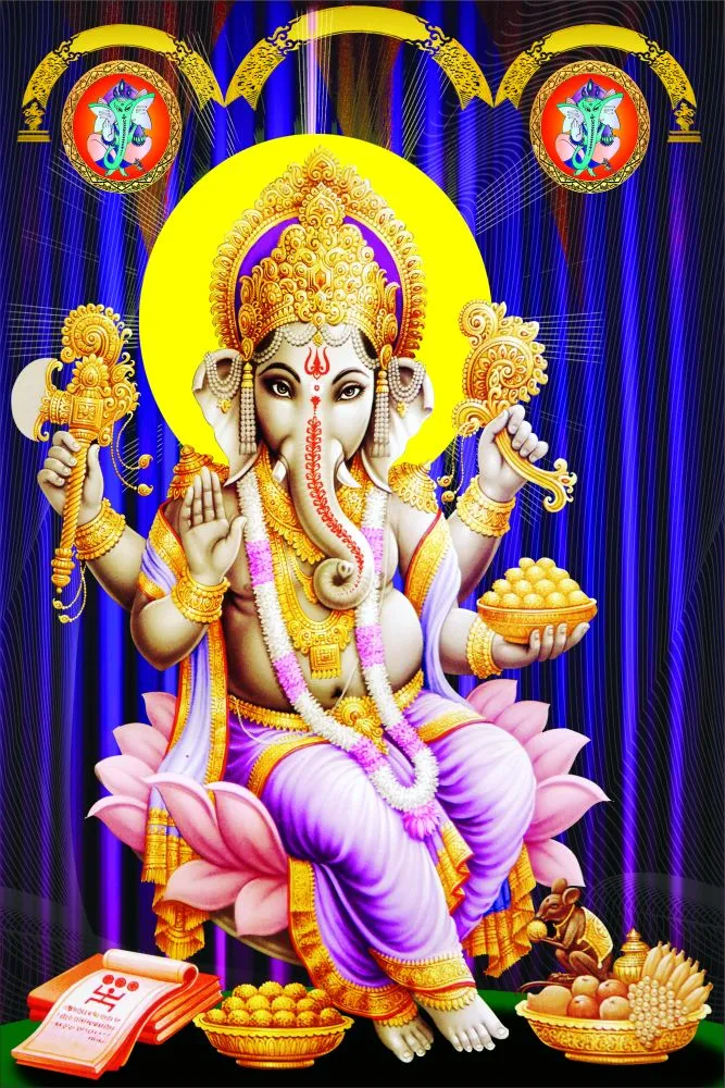 Ganesha seated on a pink lotus throne beneath a golden halo, framed by deep blue drapes