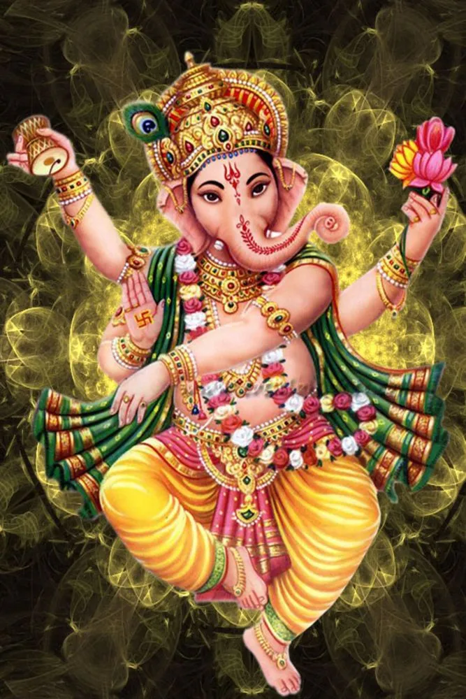 A richly ornamented dancing Ganesha with a peacock-feather crown, framed by glowing golden swirls