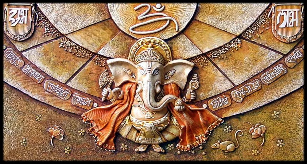 A carved-relief style Ganesha in bronze and sepia tones, with Om above and Shubh-Labh script in the corners