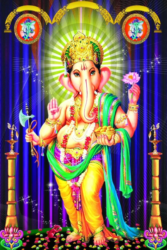 A standing Ganesha in green and gold ceremonial attire, framed by tall lamps and a glowing halo