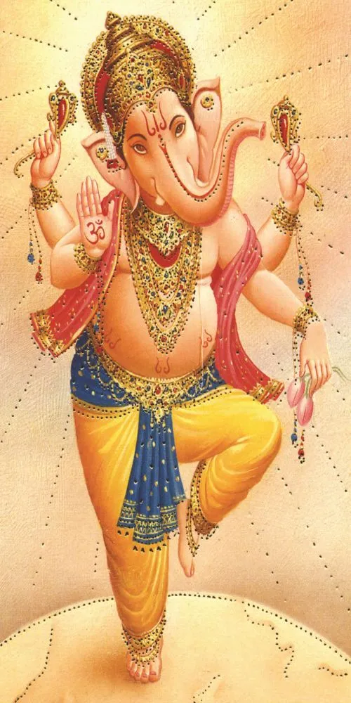 A graceful four-armed Ganesha in a dancing pose, painted in soft cream and warm neutral tones