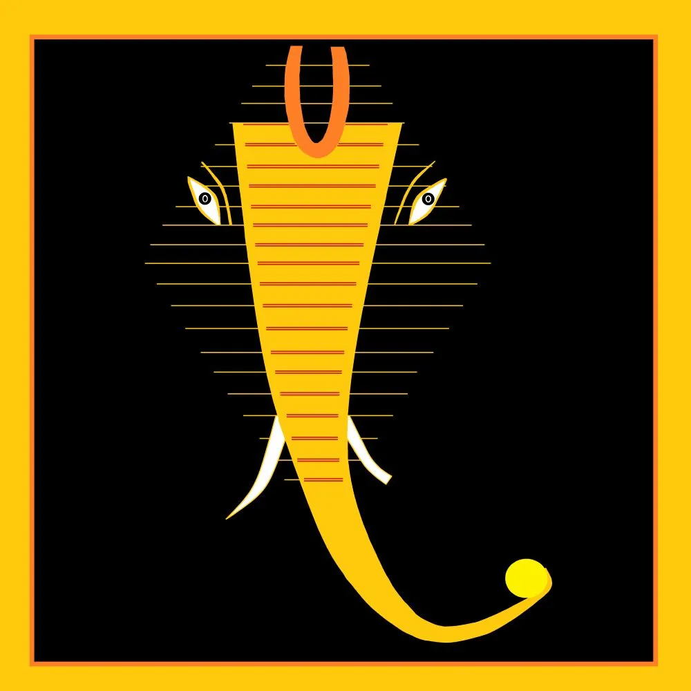 A minimal, geometric Ganesha formed from a striped golden trunk, tilak and eyes on a black field