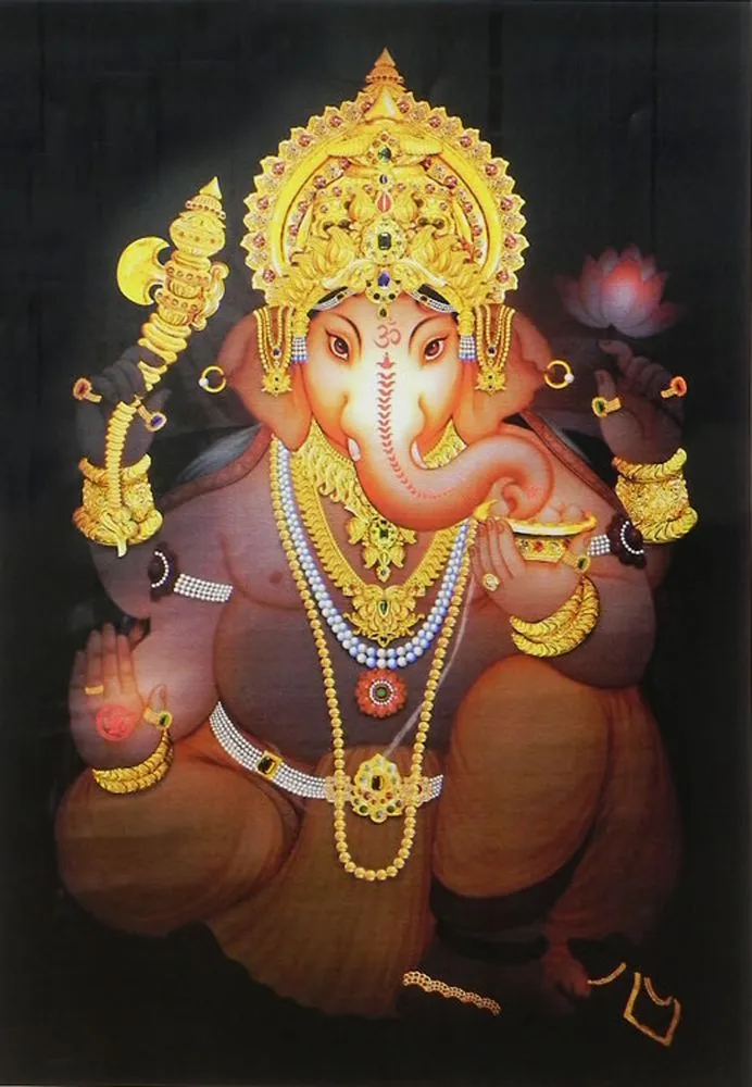A richly jewelled Ganesha crowned in gold, rendered in deep bronze tones on a dark background