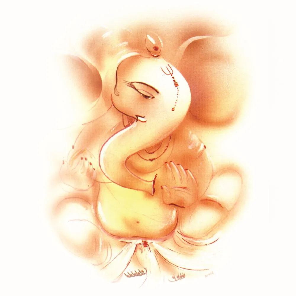 A delicate peach-toned watercolour sketch of Ganesha in quiet contemplation