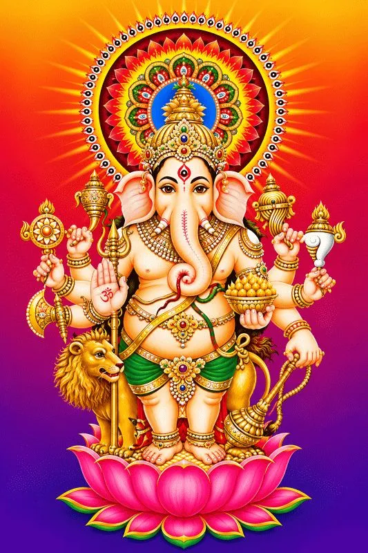 A four-armed Drishti Ganesha standing on a pink lotus before a radiant multicolour halo, against a saffron-to-violet sky