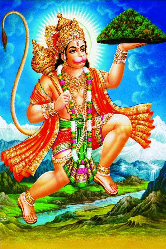 Hanuman flying across the sky carrying the Dronagiri mountain in one hand, above a valley and river