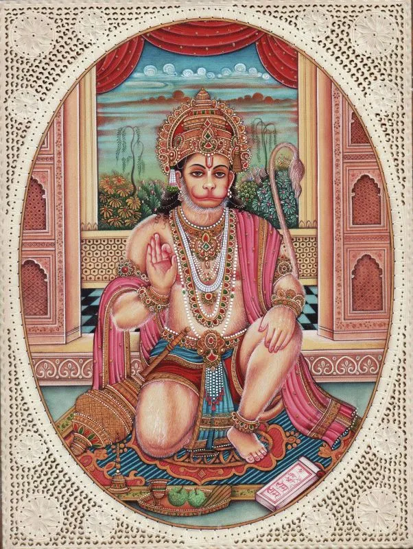 Hanuman seated with his mace inside an oval frame of fine lace-like ornament, in a miniature-painting style