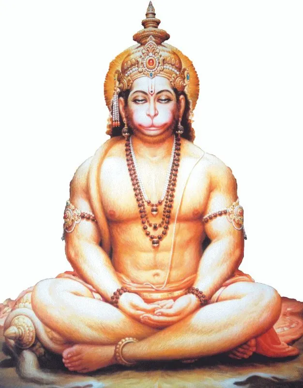 Hanuman seated in meditation with eyes closed and hands resting in his lap, on a clean white background