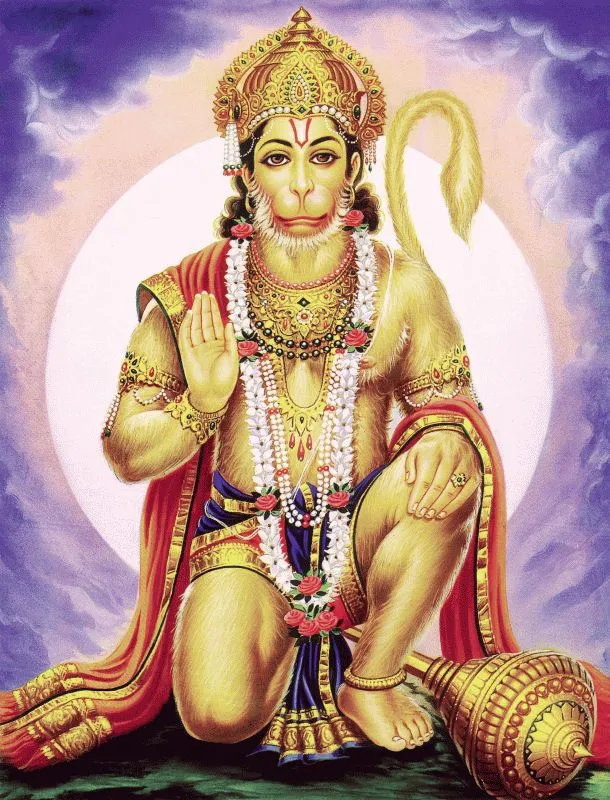 Hanuman kneeling with his mace and raising a hand in blessing, before a pale moon in a violet sky