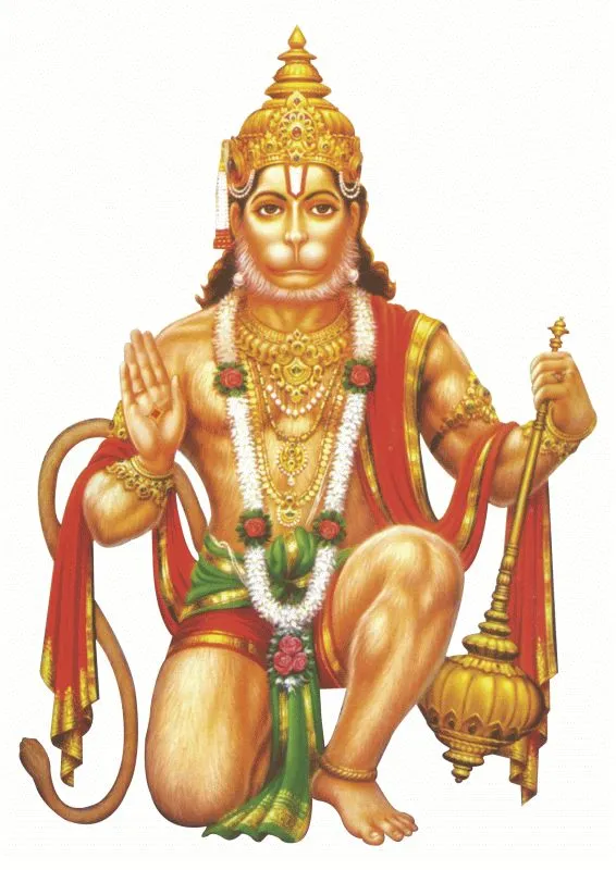 Hanuman kneeling with his mace, one hand raised in blessing, on a clean white background