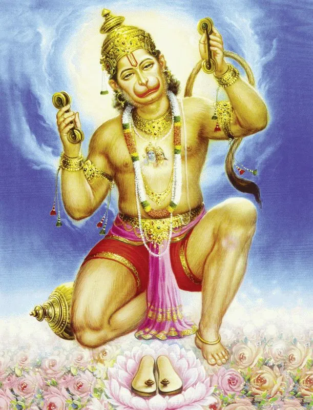 Hanuman kneeling in devotion with Lord Rama's sandals resting on a lotus before him, under a bright sky