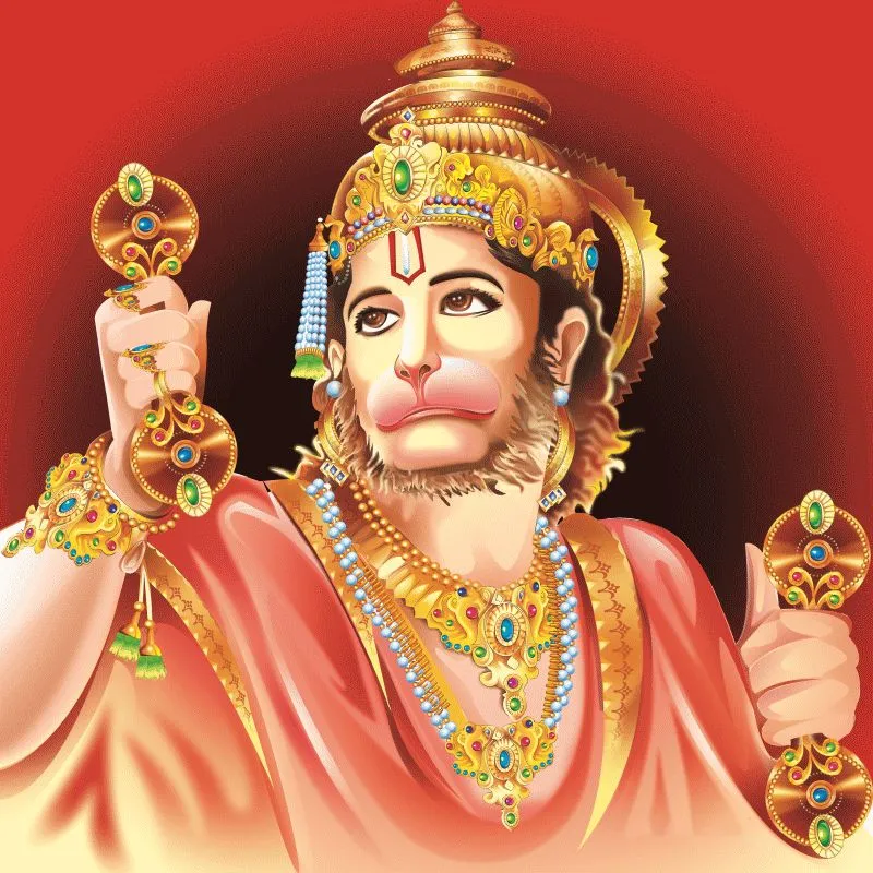 A close portrait of a crowned Hanuman holding his mace, set against a deep crimson background