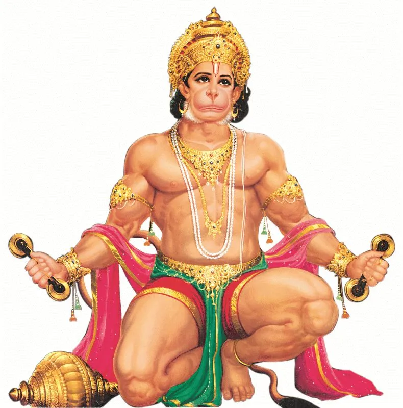 Hanuman kneeling and playing kartal cymbals in joyful song, on a clean white background