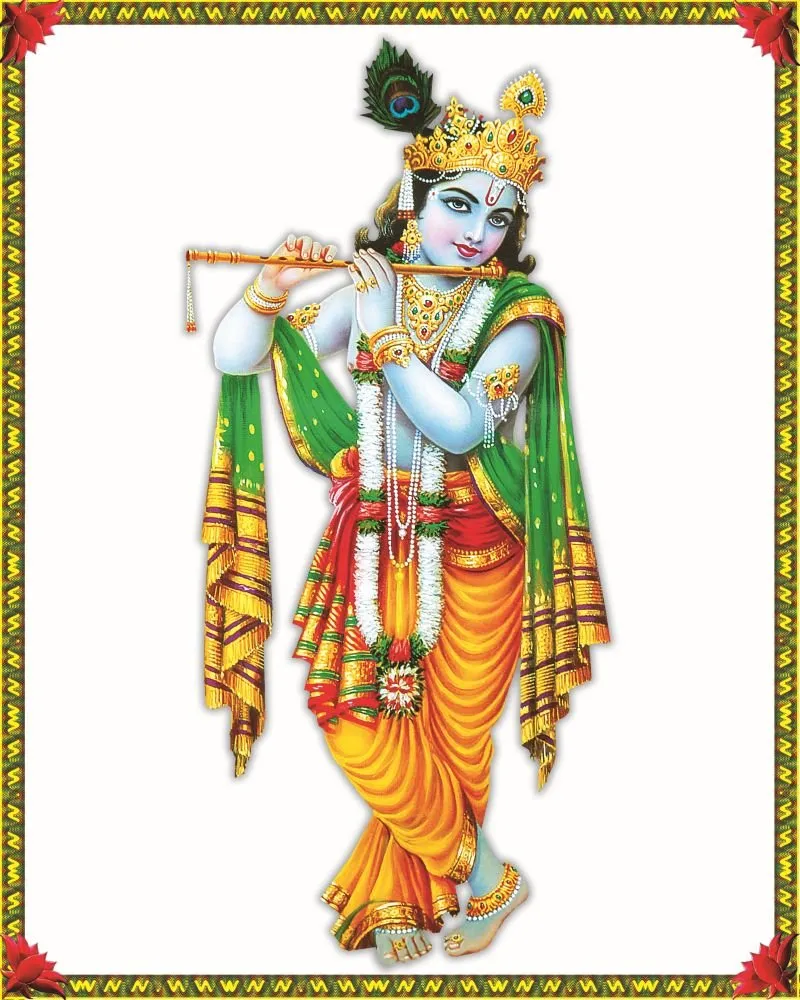 Krishna standing with his flute in saffron, green and gold, inside a slim gold border on a clean white ground