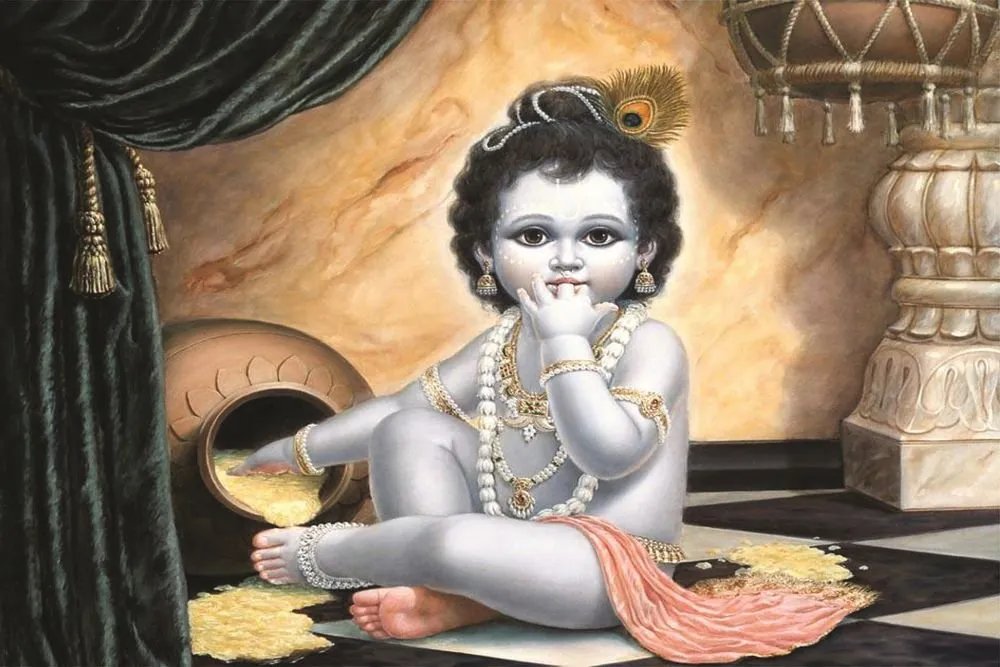 A baby Krishna sits on a chequered floor scooping butter from a clay pot, beside a velvet curtain and carved column