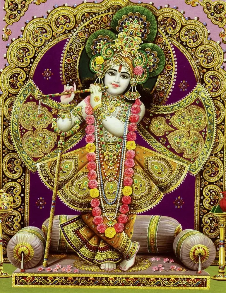 Krishna playing his flute in a standing pose, in a lavish arch of gold embroidery, jewels and flower garlands