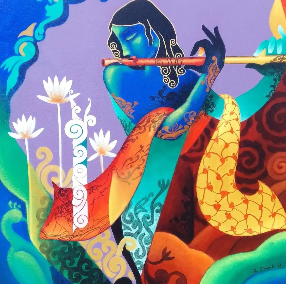 A contemporary Krishna in teal and violet plays the flute among white lotuses, with bold patterned drapery in orange and gold