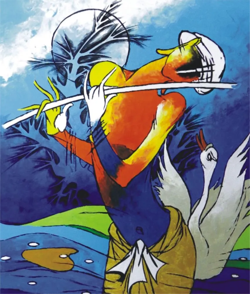 An abstract, graphic Krishna in orange, blue and white plays a long flute beside a white swan, with a pale moon behind