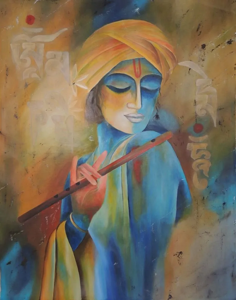 A painterly Krishna in a saffron turban plays the flute, in warm orange and blue washes with faint Sanskrit lettering