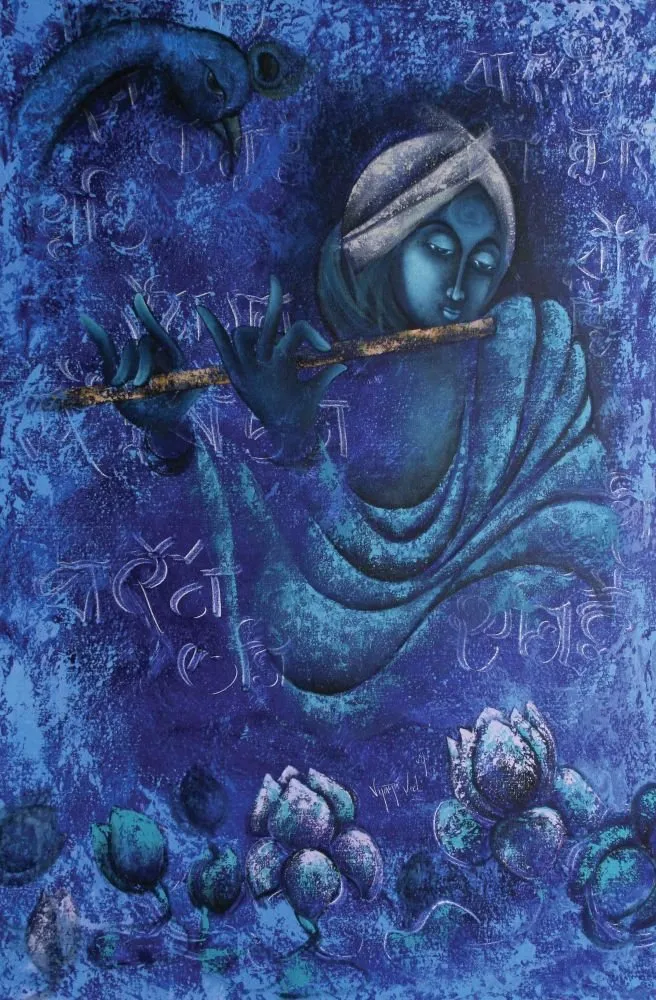 A textured indigo Krishna plays the flute above lotus buds, with faint script and a fish swimming in the corner