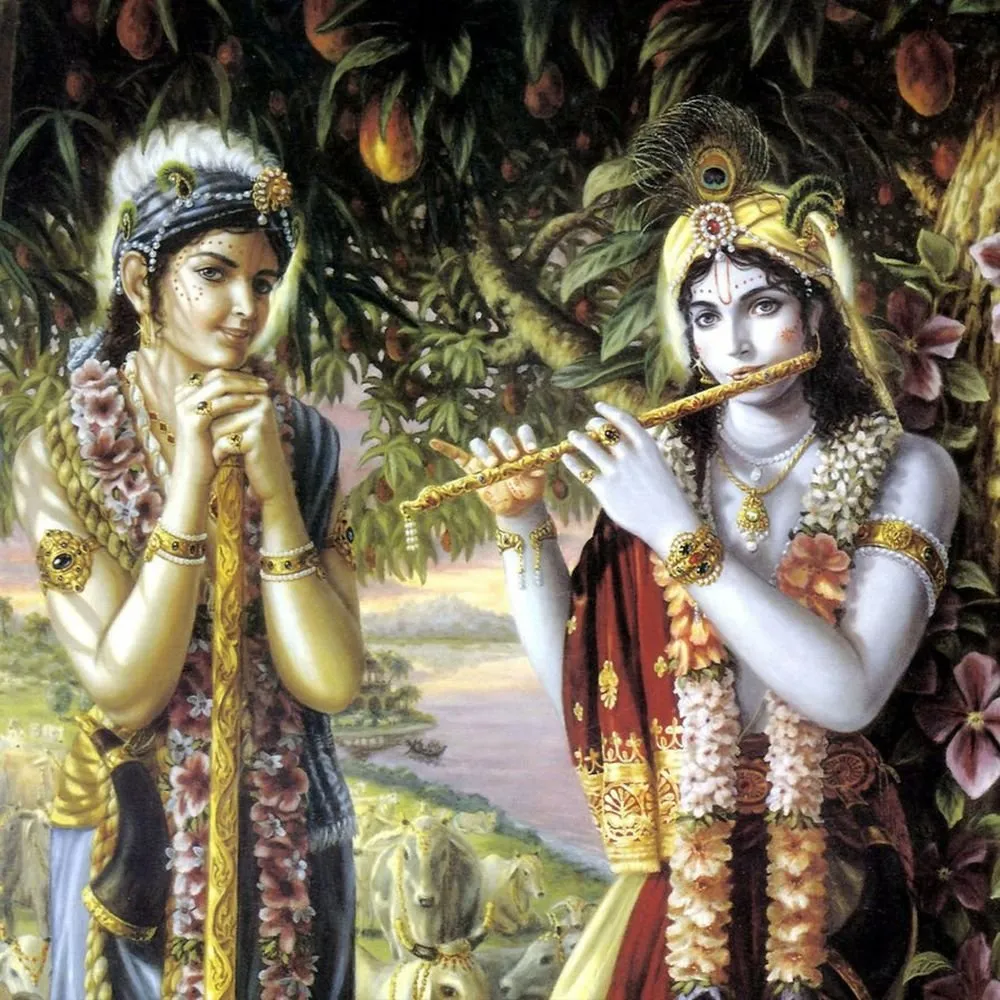 Krishna plays his flute beside a companion resting on a staff, in a mango grove above a riverbank at sunset