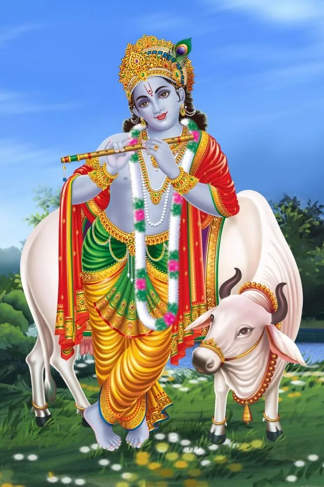 Krishna plays the flute while leaning on a white cow in a green meadow with flowers and a bright blue sky