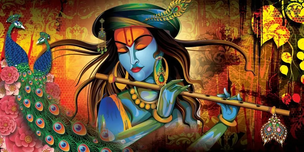 A stylised Krishna in a green turban plays a long flute, framed by peacocks and flowers in fiery orange and red