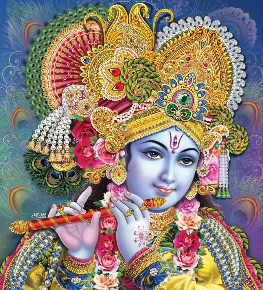 A close-up of Krishna in a grand jewelled crown with peacock feathers and roses, playing a striped flute