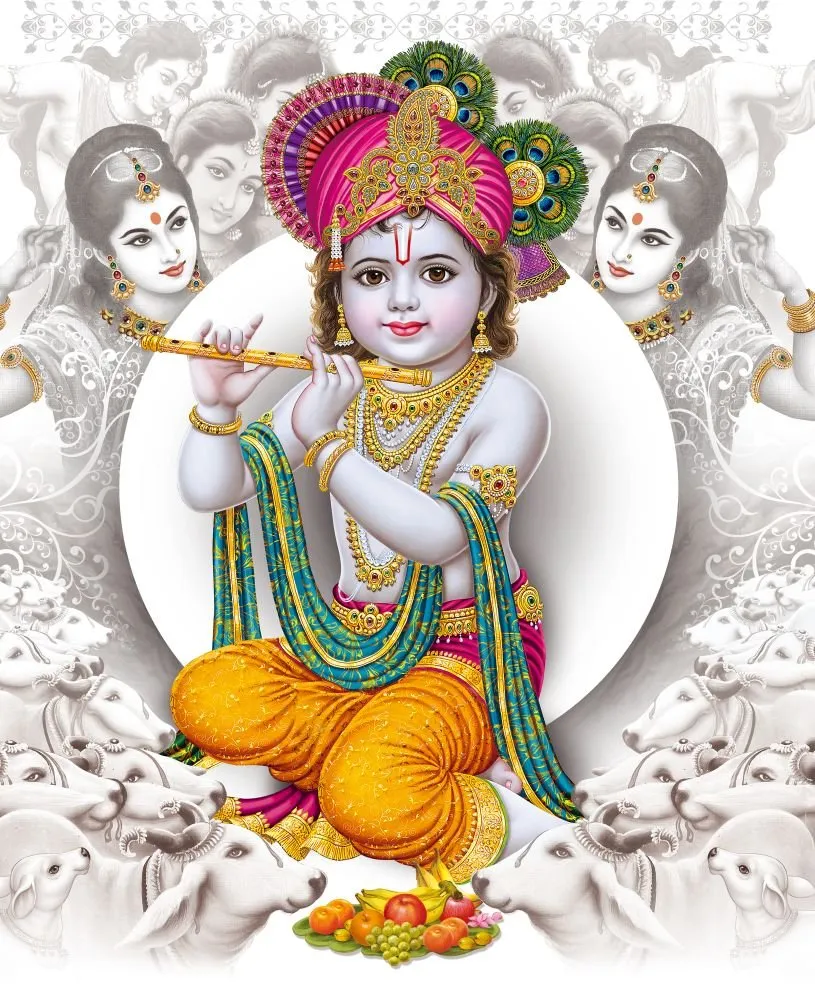 Baby Krishna sits cross-legged with his flute inside a white circle, surrounded by cows and gopis drawn in soft grey