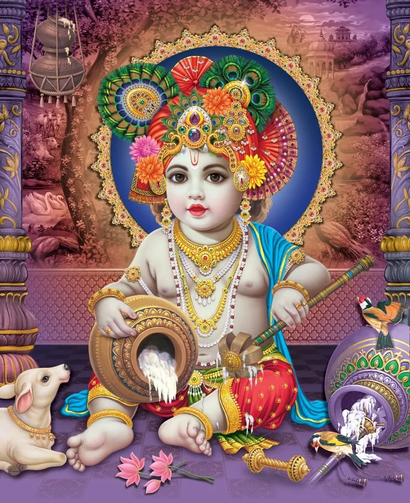 Bal Gopal sits with a spilling butter pot in a decorated hall, with a calf, birds and lotus flowers, in front of a blue halo