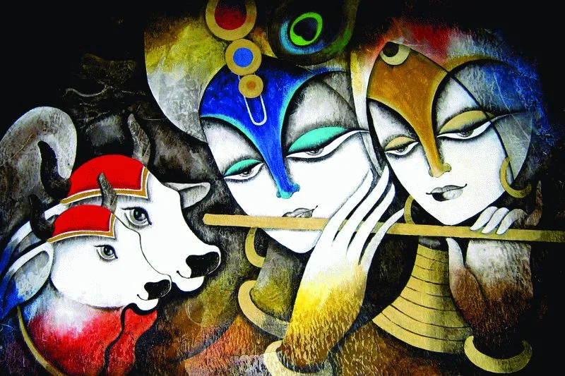 A modern abstract of Radha and Krishna's faces with a flute and a white cow, in bold colour on black