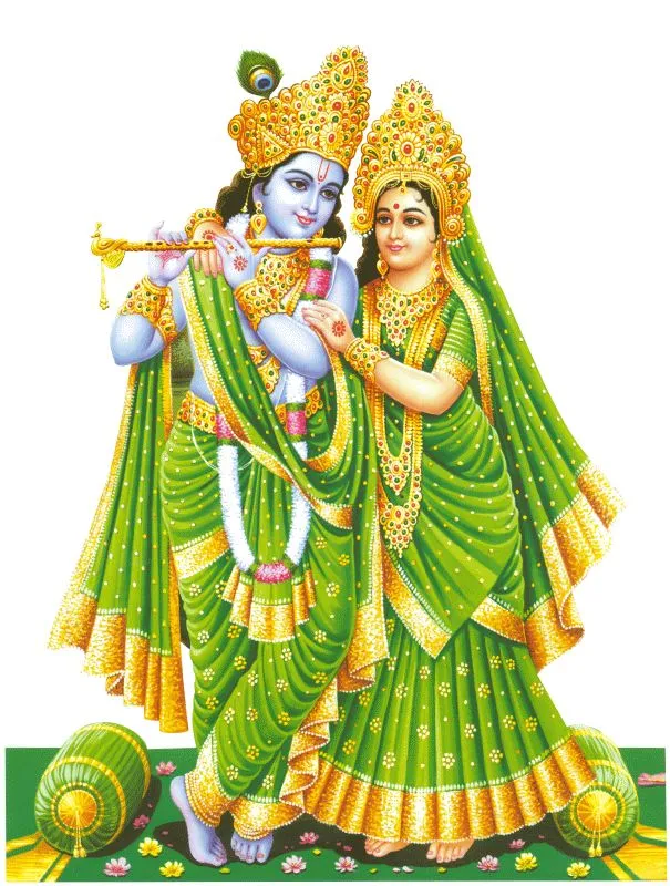Radha and Krishna standing together in matching green silk and gold jewellery, Krishna playing his flute