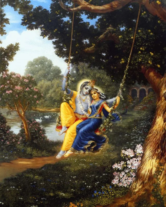 Radha and Krishna sharing a garden swing beneath tall trees beside a calm lake