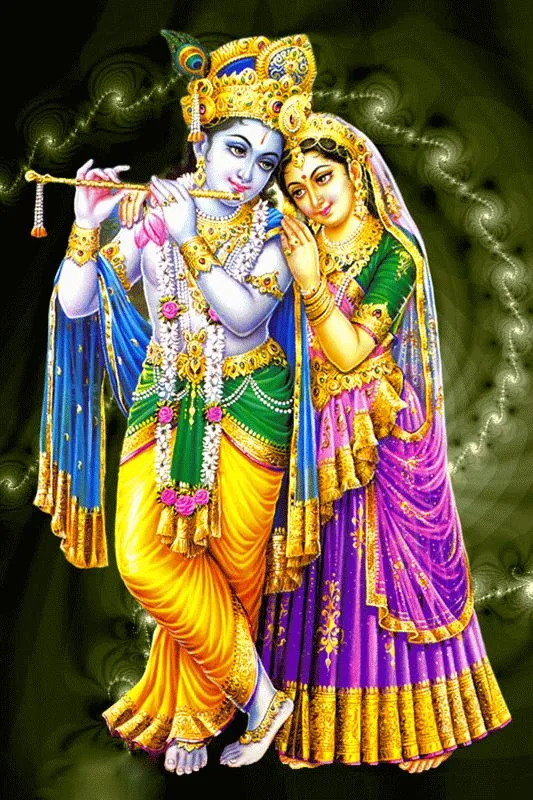Radha and Krishna standing close in yellow and violet, framed by glowing green swirls on a dark ground