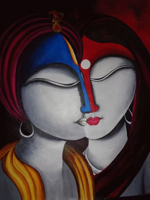 A modern portrait of Radha and Krishna cheek to cheek, eyes closed, in blue, red and soft grey