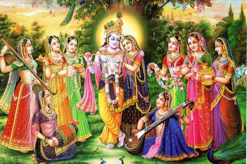 Krishna with Radha and the gopis in a flowering garden, one gopi playing the veena
