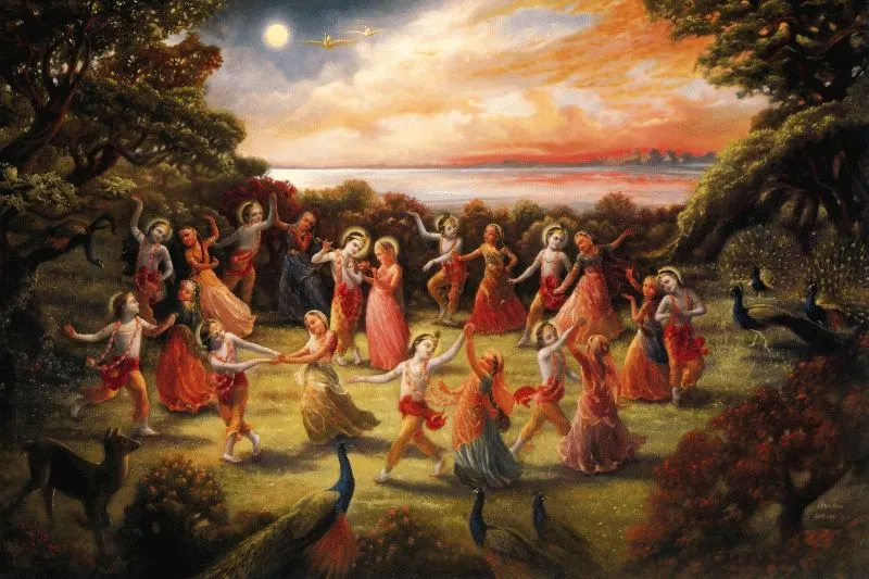 Krishna and the gopis dancing the Raas Leela in a wide circle at sunset beside a river