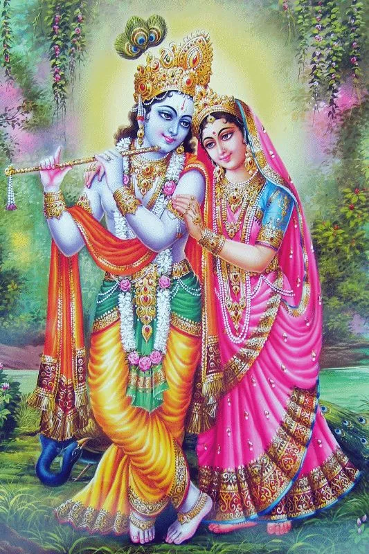 Radha in pink and Krishna in yellow standing together in a garden, Krishna playing his flute