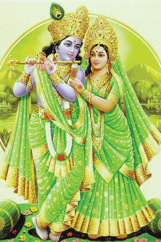 Radha and Krishna in green and gold before a glowing green halo, Krishna lifting his flute