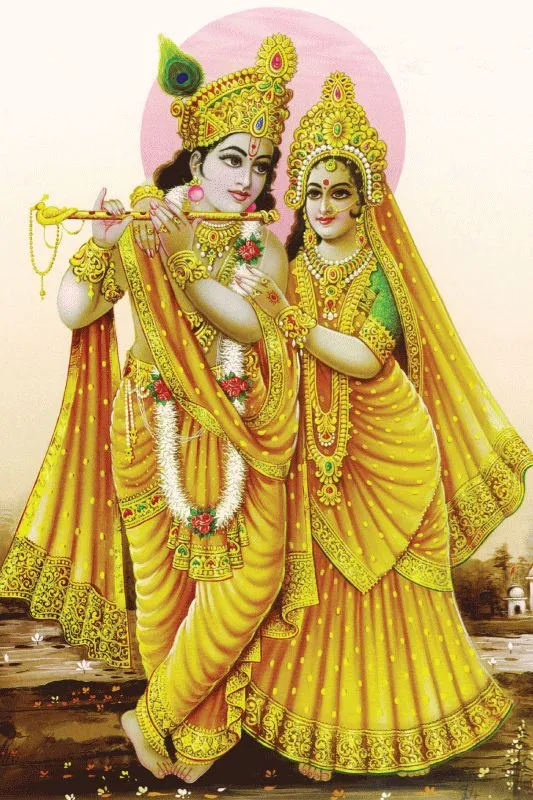 Radha and Krishna dressed in saffron and gold, standing before a soft pink sun halo