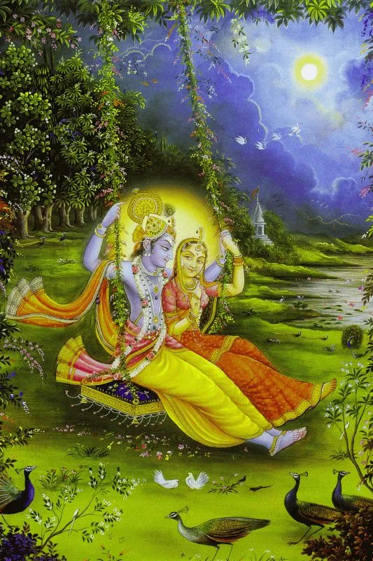 Radha and Krishna on a swing in a glowing night garden, under the moon, with peacocks below