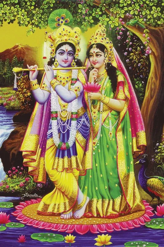 Radha and Krishna standing on a lotus beside a pond, with forest, waterfall and a peacock around them