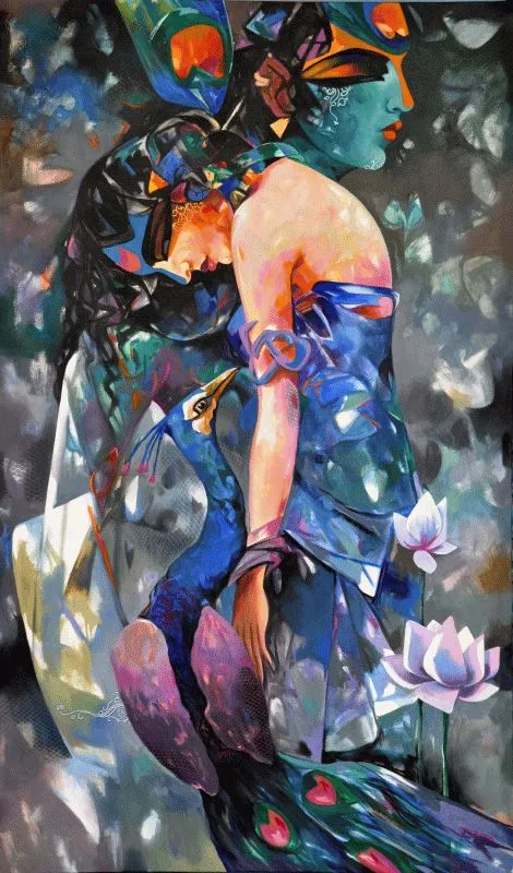 A painterly figure in a flowing blue gown beside a peacock and lotus, in deep teal and blue tones