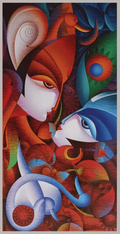 A cubist Radha and Krishna in red and blue planes, with a peacock feather and a conch